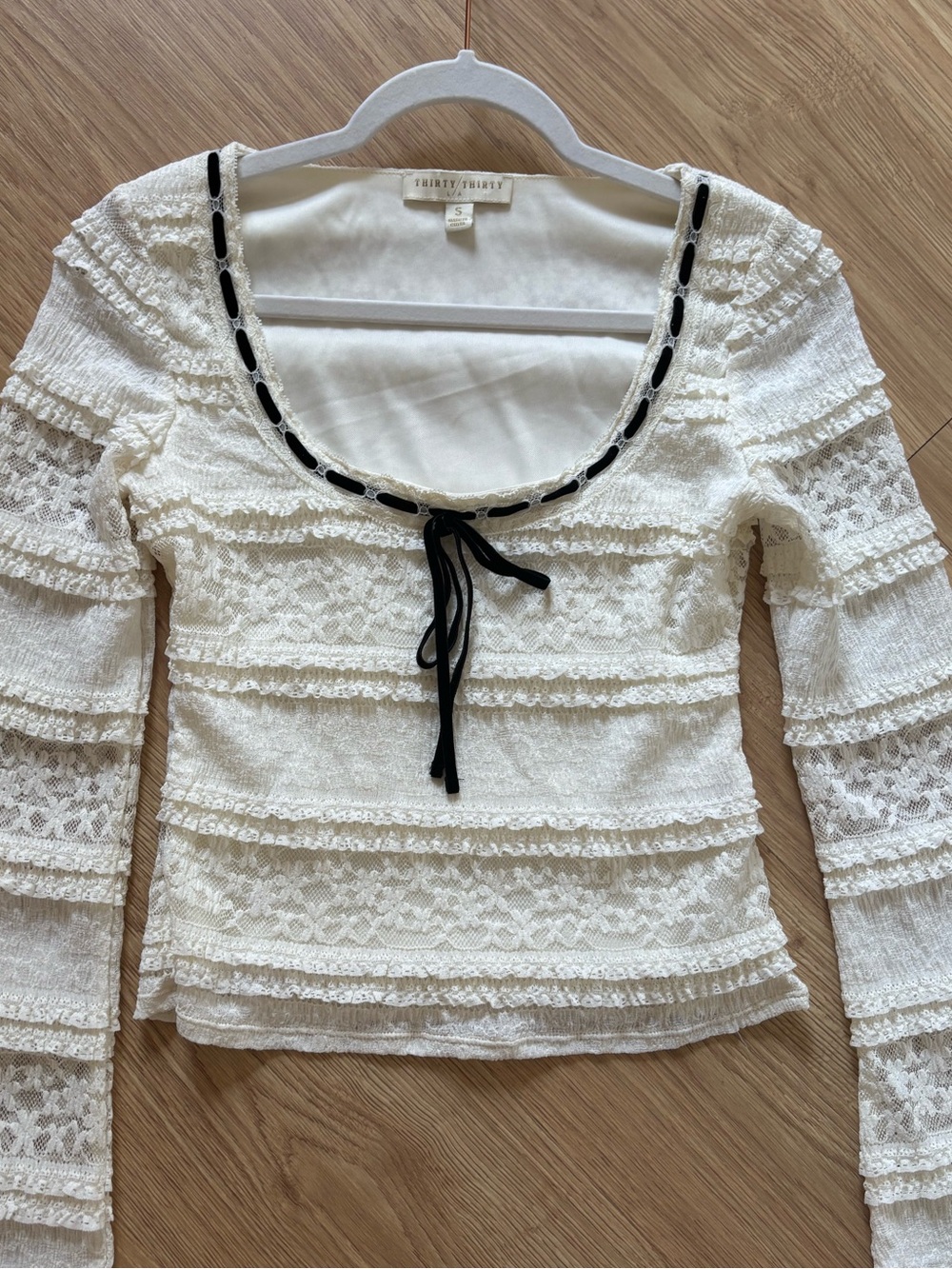 Thirfty Thrifty Ivory Lace Ruffle Long-Sleeve Top with Black Trim